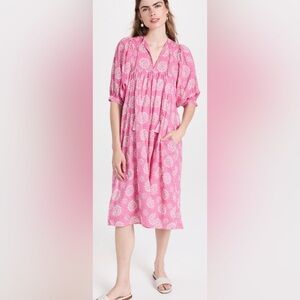 Mille Saffron Women’s Dress M Floral Midi Boho Puff Sleeve Relaxed Pockets Lined